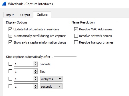 Wireshark's Capture Options